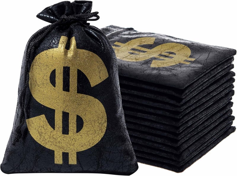 RICHNESS Money Bag with Dollar Sign 4.5X6 Inch Faux Leather Costume Money Bag Pouch with Drawstring Closure Treasure Sack for Bank Robber Old West Pirate Cowboy Casino Theme party Pack of 12 - Image 1
